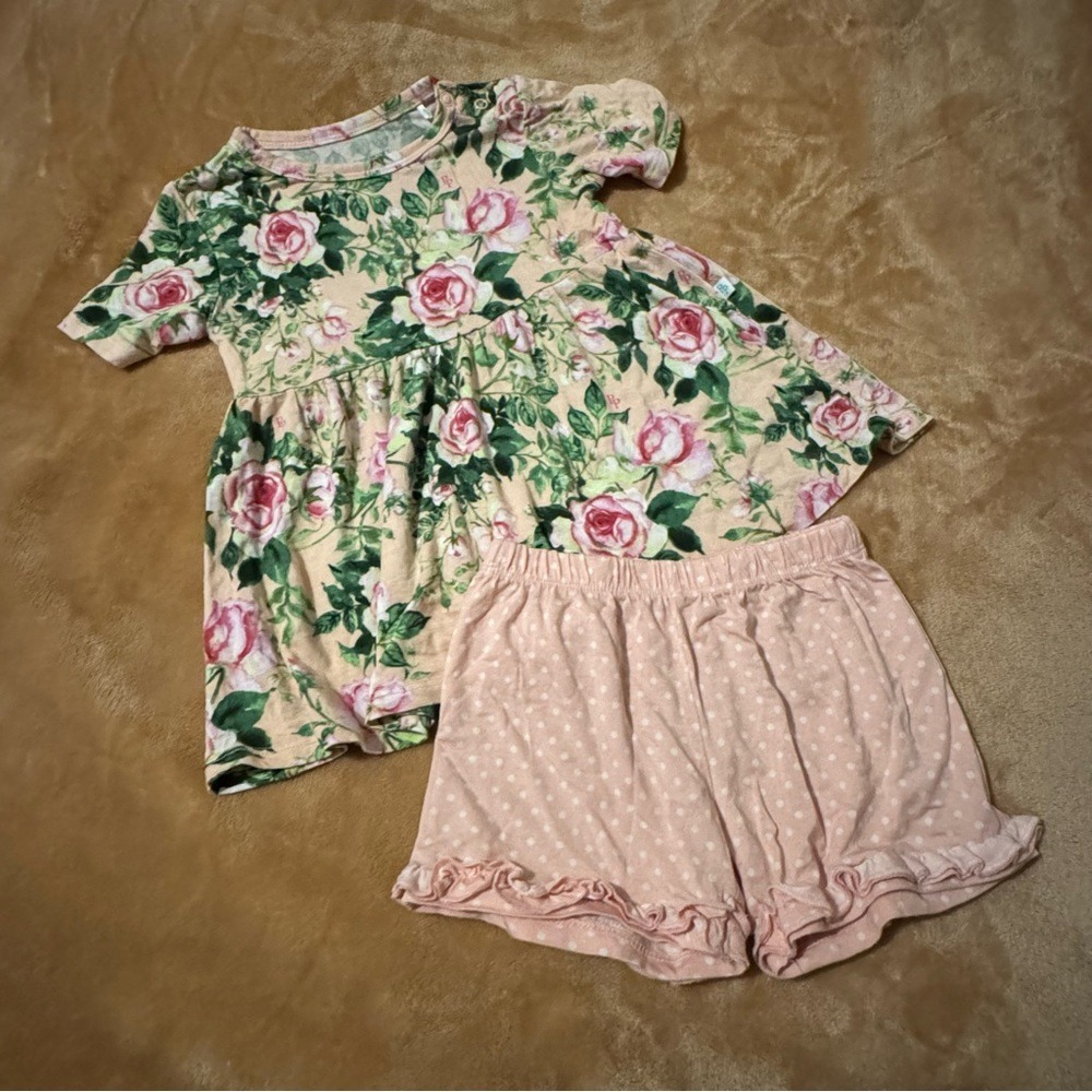 Posh Peanut Girls 2T Floral Rose Peplum Top and Polka Dot Ruffle Shorts Set
